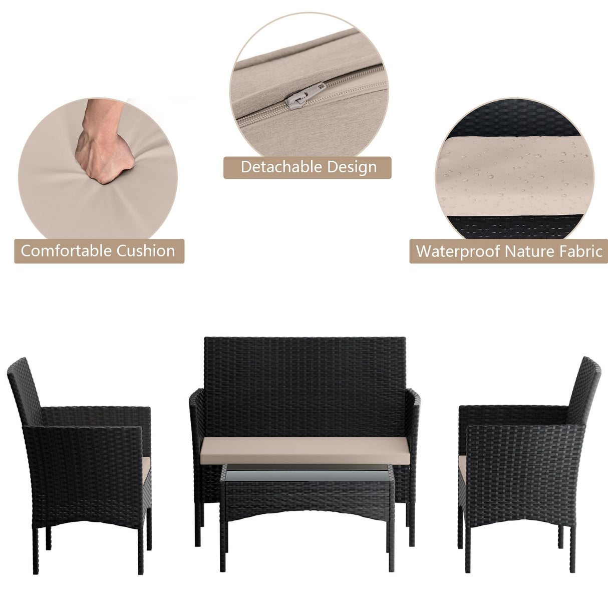 RTDTD 4 Pieces Patio Furniture Set Outdoor Conversation Set Rattan Furniture Set Wicker Chairs and Sofa with Glass Table for Porch Pool Backyard Lawn Garden Sand RTDTD