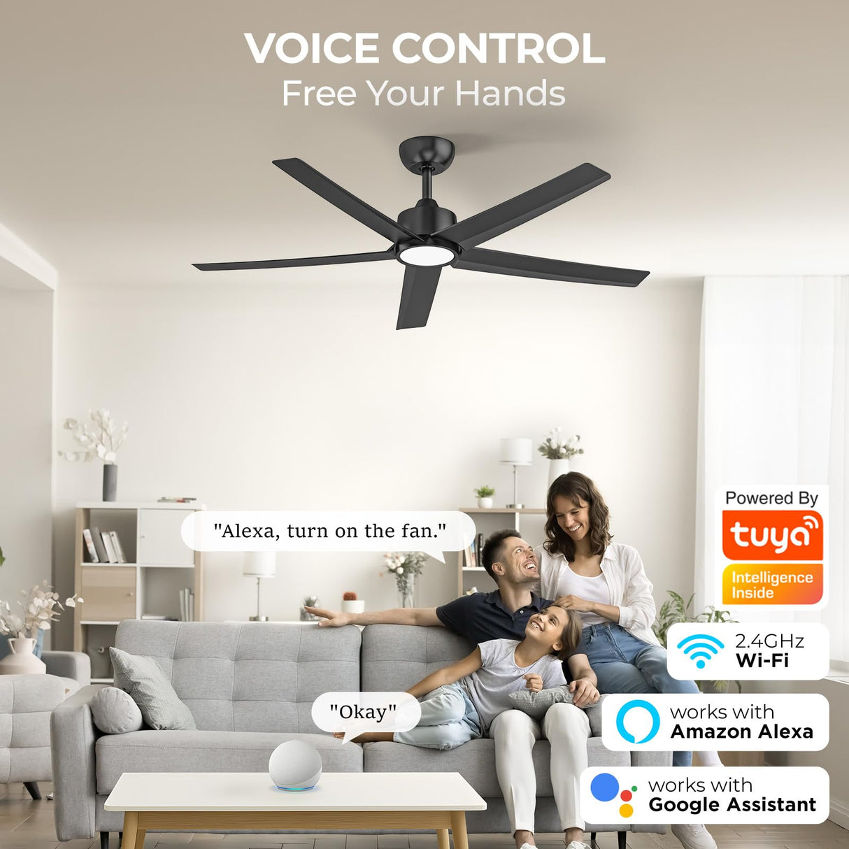 ocioc 52 Inch Smart Ceiling Fan,Modern Ceiling Fans with Lights and Remote,Compatible with Alexa/Google Home/APP,Reversible,Dimmable,3 CCT,Timer,Black Ceiling Fan for Bedroom,Living Room ocioc