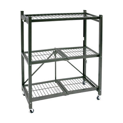 Origami 3 Tier Folding Shelves, Storage Shelving Rack Unit With Wheels, Pewter