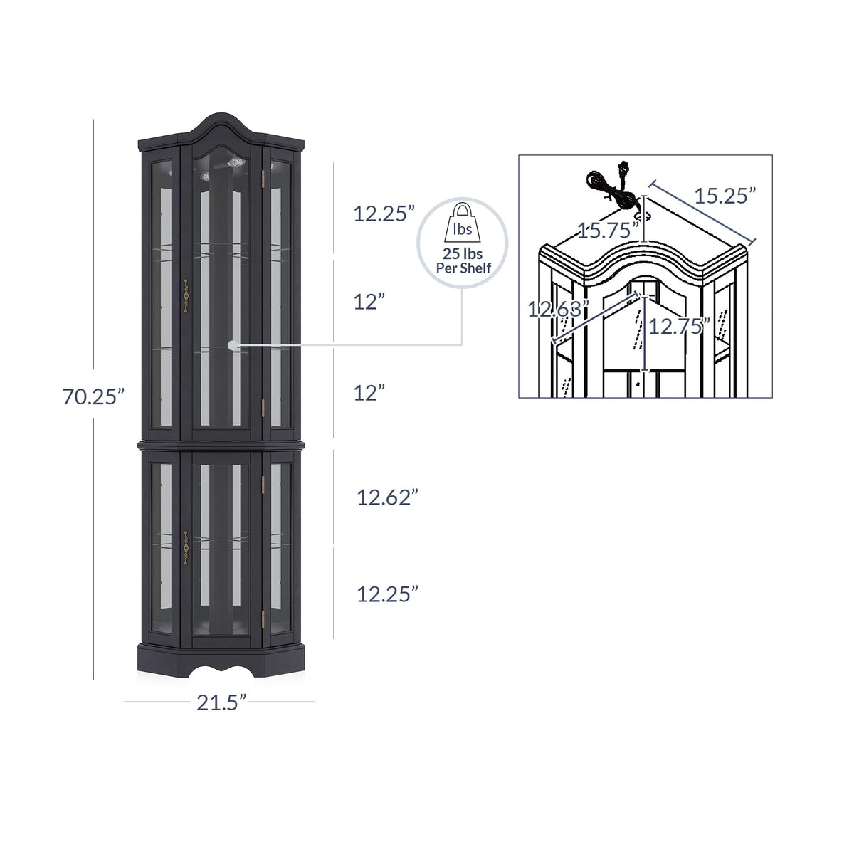 BELLEZE Lighted 3-Side Glass Display Curio Cabinet w/Tempered Glass Doors and Shelves, Curved Wood Corner Cabinet with Bulb, Corner Storage Rack for Living Room and Kitchen (Black) BELLEZE