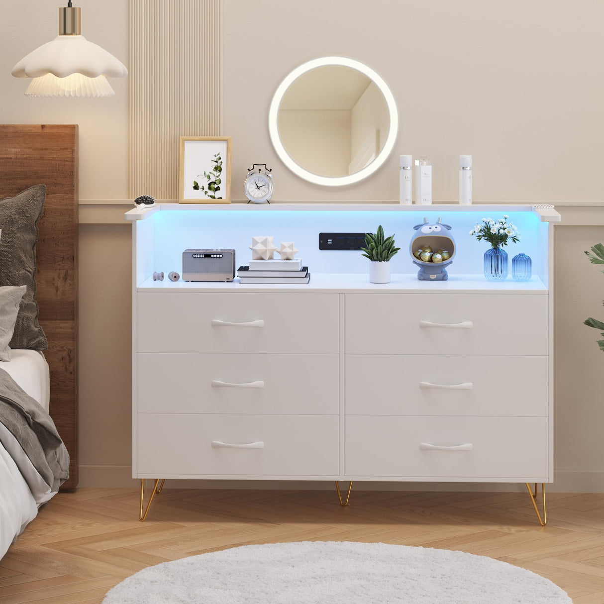Patikuin White Dresser for Bedroom with LED Light & Charging Station, 6 Drawers Wooden Dressers with Open Space, Modern Chest of Double Wide Drawers for Living Room, Entryway, Hallway TV Stand Patikuin