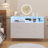 Patikuin White Dresser for Bedroom with LED Light & Charging Station, 6 Drawers Wooden Dressers with Open Space, Modern Chest of Double Wide Drawers for Living Room, Entryway, Hallway TV Stand Patikuin