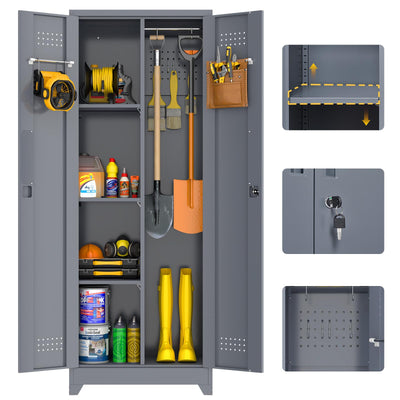 GREATMEET 65" Garage Storage Cabinet, Broom Closet Storage Cabinet, Metal Cabinets with Doors and Shelves, Utility Closet for Brooms and Mops, Utility Cabinets for Storage, Grey