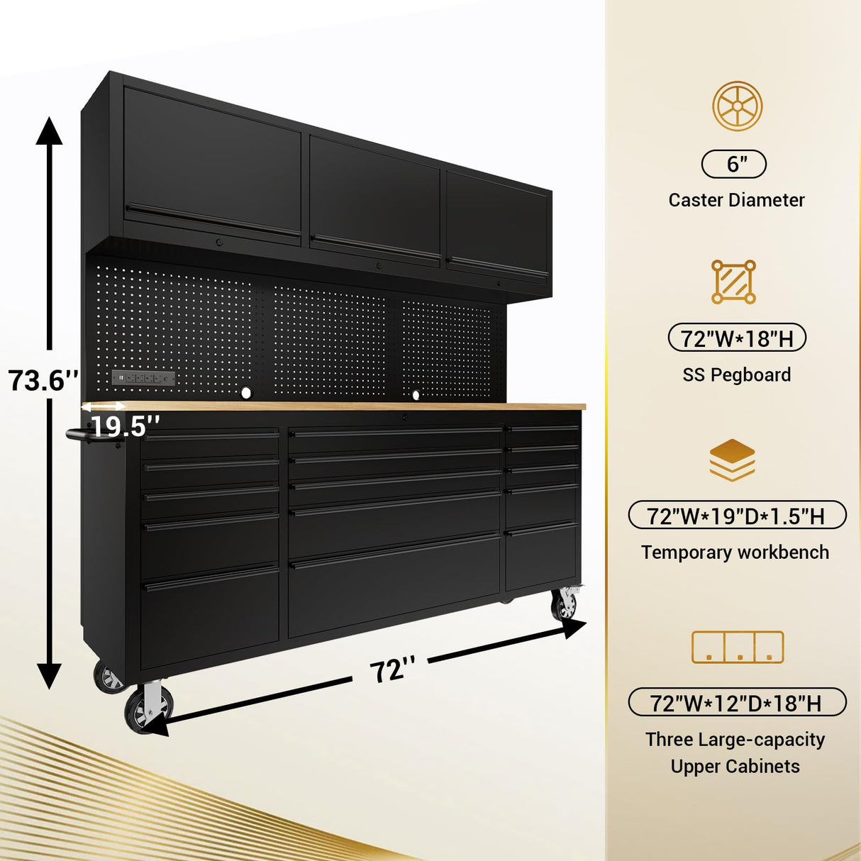 CHETTO C 72-inch Rolling Tool Chest Cabinet Mobile Workbench with 15 Storage Drawers and Wheels 3 Uper Cabinet Outlet SS Pegboard Black Tool Box for Garage CHETTO C