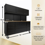CHETTO C 72-inch Rolling Tool Chest Cabinet Mobile Workbench with 15 Storage Drawers and Wheels 3 Uper Cabinet Outlet SS Pegboard Black Tool Box for Garage CHETTO C