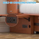 PUREMIND Murphy Bed Queen with Mattress Included - Solid Wood Hideaway Cabinet Bed with 2 Storage Drawers, USB Charging Ports & Headboard - Space-Saving Chest Beds for Home, Guest Room, Cherry PUREMIND