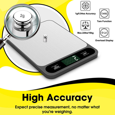 Mik-Nana Food Scale, 10kg/22lb Digital Kitchen Scale Weight Grams and Ounces for Baking Cooking Coffee Package Postage, 6 Units with Tare Function, LCD Display, Easy Clean Stainless Steel Mik-Nana