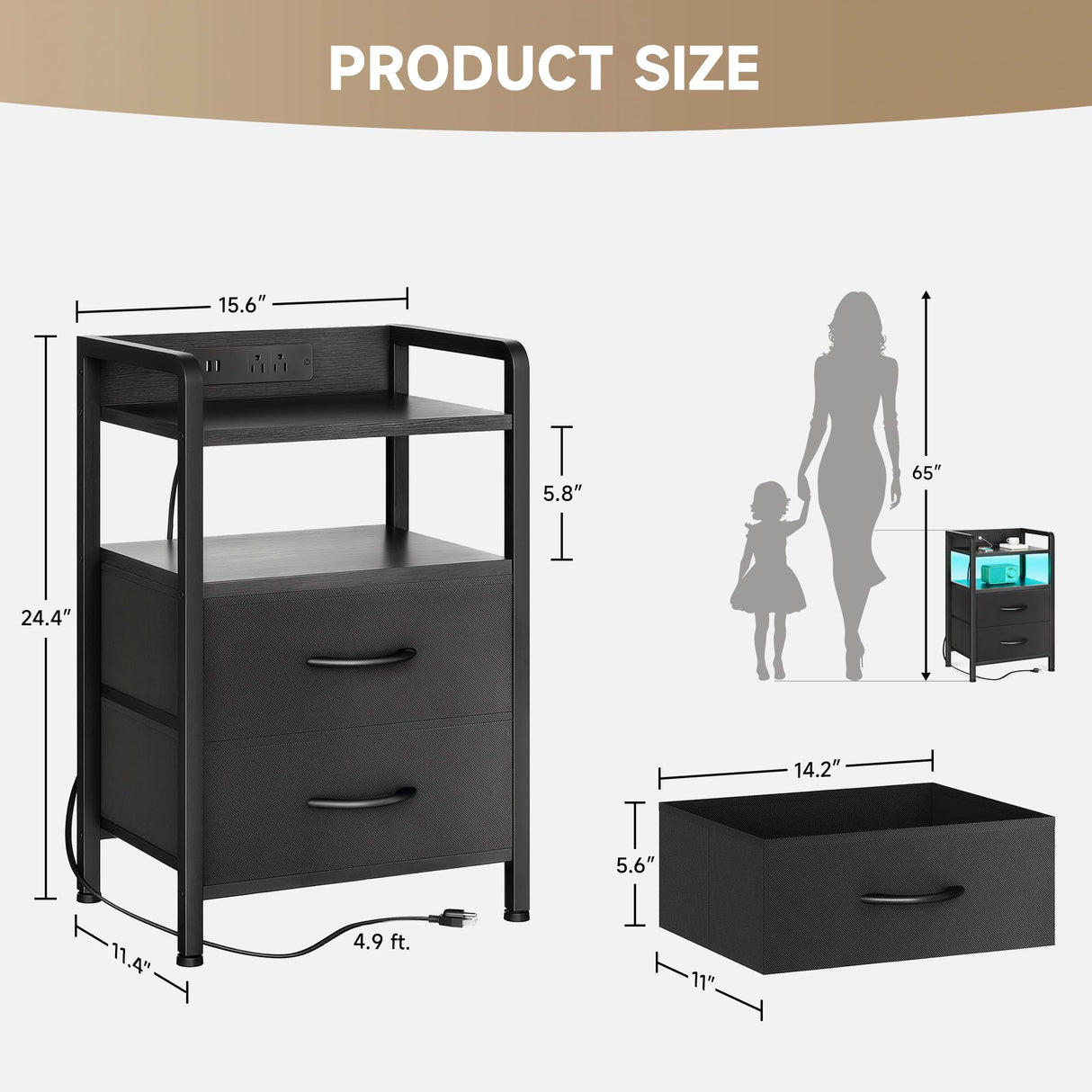 Night Stand Bedside Table Bedroom - Nightstand with Charging Station & LED Light Strip, Bed Side Table with Storage Shelf & 2 Fabric Drawers for Dorm, End Table with U-S-B Ports & AC Outlets, Black Lazzanto