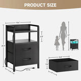 Night Stand Bedside Table Bedroom - Nightstand with Charging Station & LED Light Strip, Bed Side Table with Storage Shelf & 2 Fabric Drawers for Dorm, End Table with U-S-B Ports & AC Outlets, Black Lazzanto