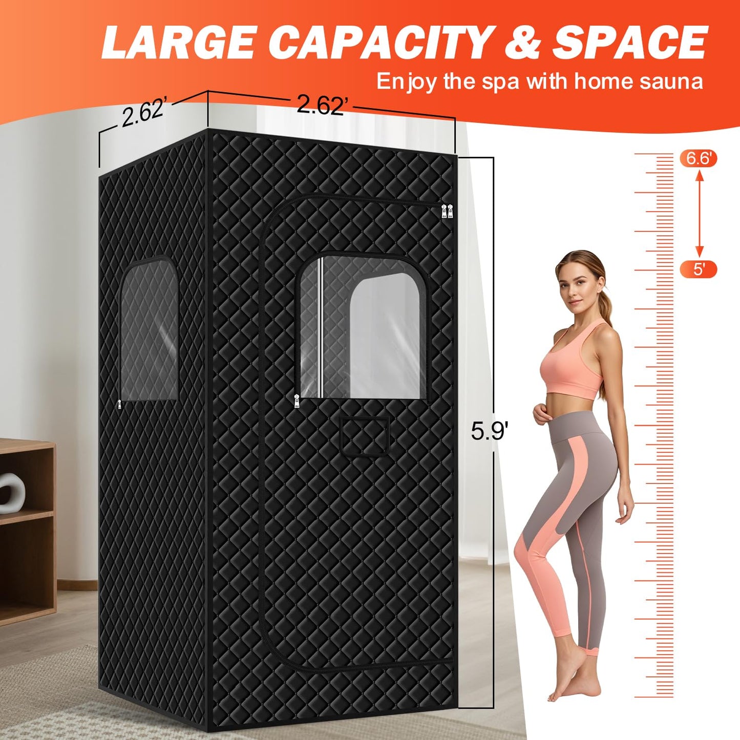 VXGDOE Sauna Box, Portable Sauna for Home, Full Size Steam Sauna Tent with 3L 1200W Large Capacity Steamer and Remote Control, Personal Steam Room for Spa, Indoor, Outdoor, Gym (Black)