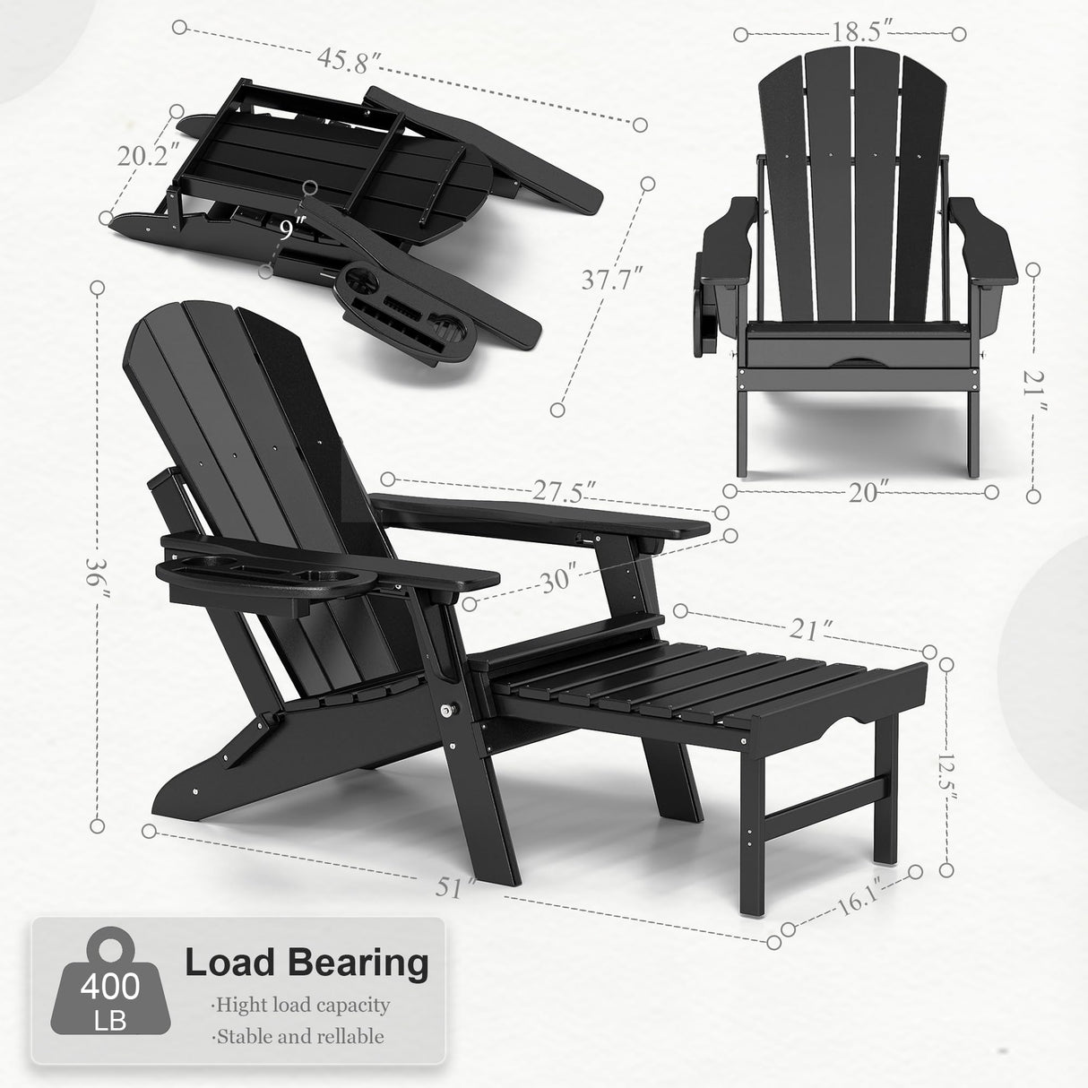NAVINE Adjustable Adirondack Chair Set of 2 with Ottoman, Folding Adirondack Chair, HDPE Adirondack Chair with Multifunctional Cup Holder Trays for Deck, Terrace, Patio, Poolside, Fire Pit. NAVINE