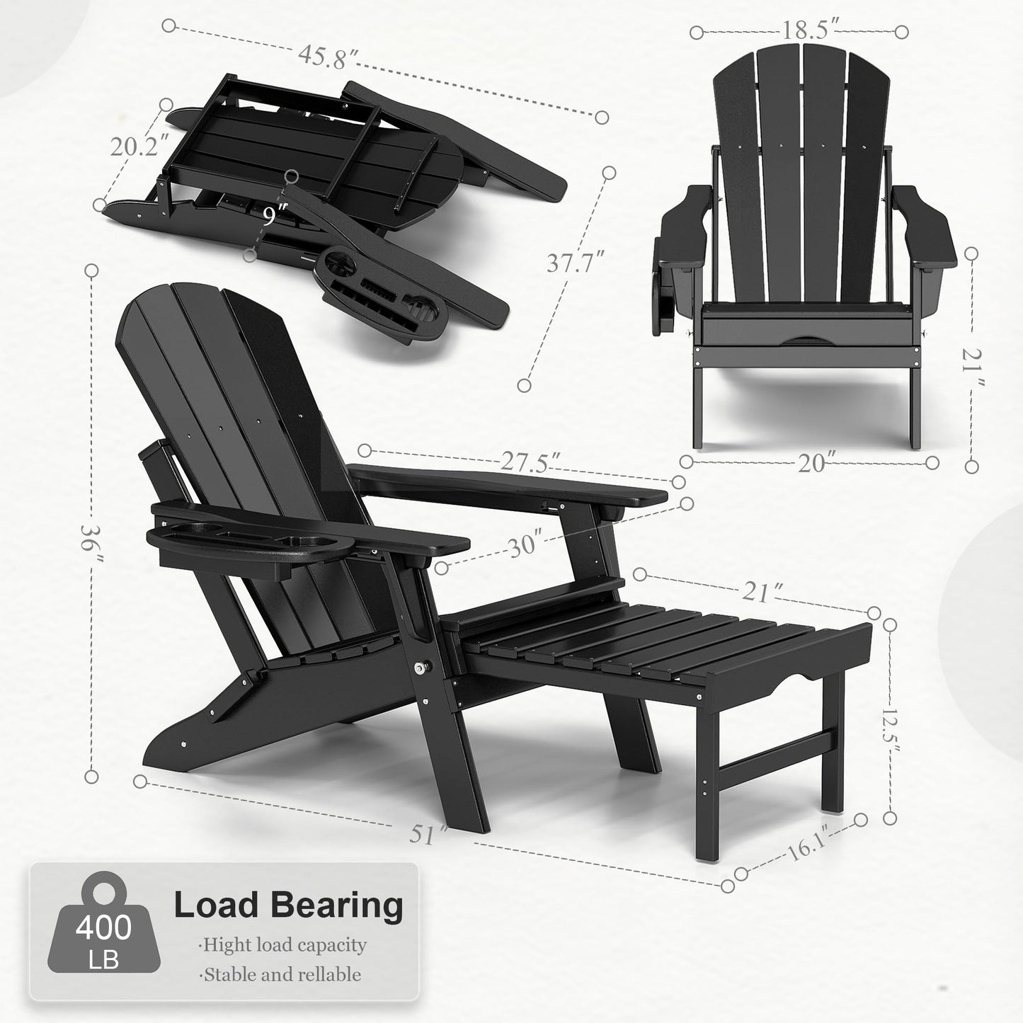 NAVINE Adjustable Adirondack Chair Set of 2 with Ottoman, Folding Adirondack Chair, HDPE Adirondack Chair with Multifunctional Cup Holder Trays for Deck, Terrace, Patio, Poolside, Fire Pit. - WoodArtSupply