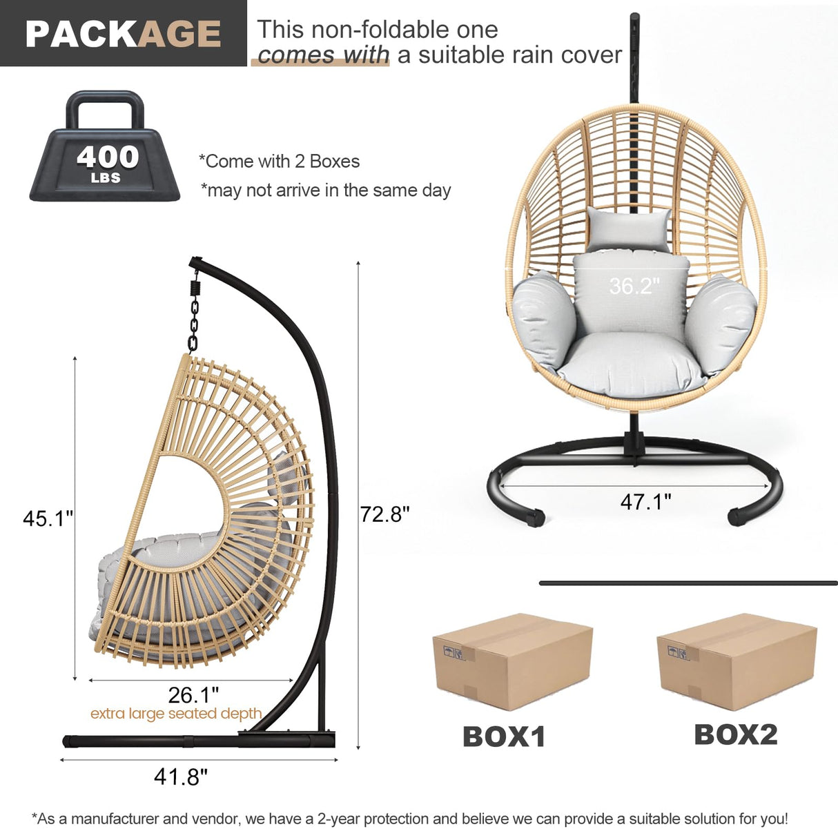 CHINNLUU Oversized Hanging Egg Chair Outdoor Wicker Swing Chair with Stand Rain Cover UV Resistant Cushion 400lbs Capacity for Patio, Garden and Balcony CHINNLUU