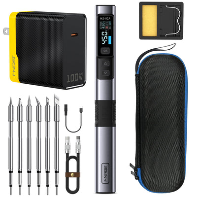 FNIRSI HS-02A 100W Portable Soldering Iron Kit, 212-842℉, Pre-set 3 Groups Temperature, 6 F245 Soldering Tips, Smart Digital Soldering Iron Pen Tool for Electronics Precision Repair
