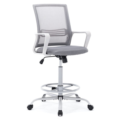 AFO Tall Office Drafting Chair with Ergonomic Lumbar Support, Armrests and Adjustable Foot Ring Breathable Mesh, Comfortable Padded Seat Cushion, for Standing Desk, Grey 18.5D x 18.9W x 45.47H Inch