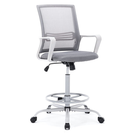 AFO Tall Office Drafting Chair with Ergonomic Lumbar Support, Armrests and Adjustable Foot Ring Breathable Mesh, Comfortable Padded Seat Cushion, for Standing Desk, Grey 18.5D x 18.9W x 45.47H Inch AFO