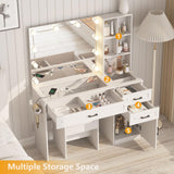 Fameill Vanity Desk with Lighted Mirror & Power Strip,Large Vanity Table with Glass top and Lots Storage,3 Drawer Makeup Desk with Hair Dryer Stand,3 Lighting Modes,White Fameill