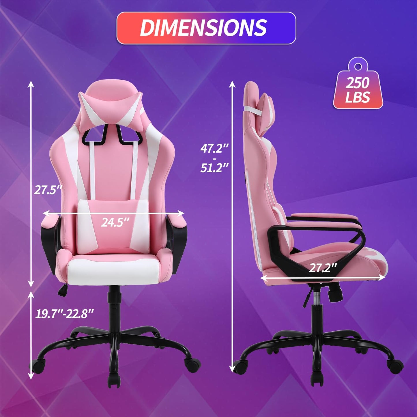 Pink Gaming Chair High-Back Office Chair Ergonomic Video Game Chairs Height Adjustable Reclining Computer Chair with Lumbar Support Armrest Headrest Swivel Chair Game Chair for Adult Teen - Pink