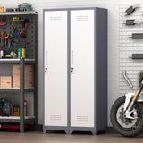 GREATMEET Slim Locking Metal Garage Storage Cabinet, 65" Lockable Utility Closet, Tall Steel Narrow Broom Closet Storage Cabinets with Door and Shelves for Laundry Room, Bathroom, White & Grey GREATMEET