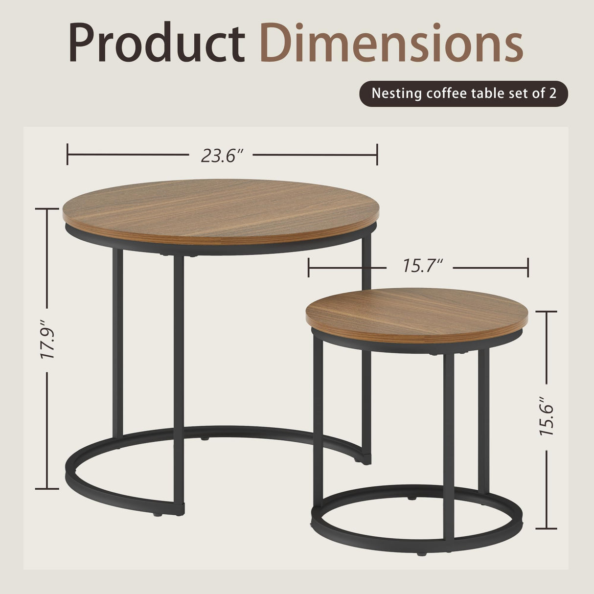 Otterease Nesting Tables Set of 2, Round Coffee Table, Small Nesting Coffee Table with Adjustable Non-Slip Fee, Wood Grain Top Nesting Tables for Living Room, Bedroom (Wood Grain Brown) Otterease