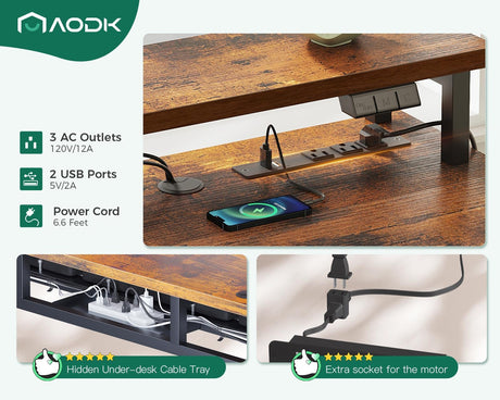 AODK Electric Standing Desk with 2 Drawers & Keyboard Tray and USB & LED Lights, 55inch Rustic Brown, Height Adjustable Desk with Power Outlets & LED Lights, Stand Up Desk with Monitor Shelf AODK