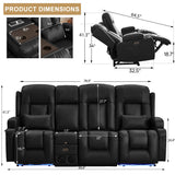 URRED Loveseat Recliner Sofa with Massage and Heat, Power Reclining Loveseat Sofa RV Couch with Console and Middle Seat, 3-Seater Home Theater Seating with LED Lights, Faux Leather, Black URRED