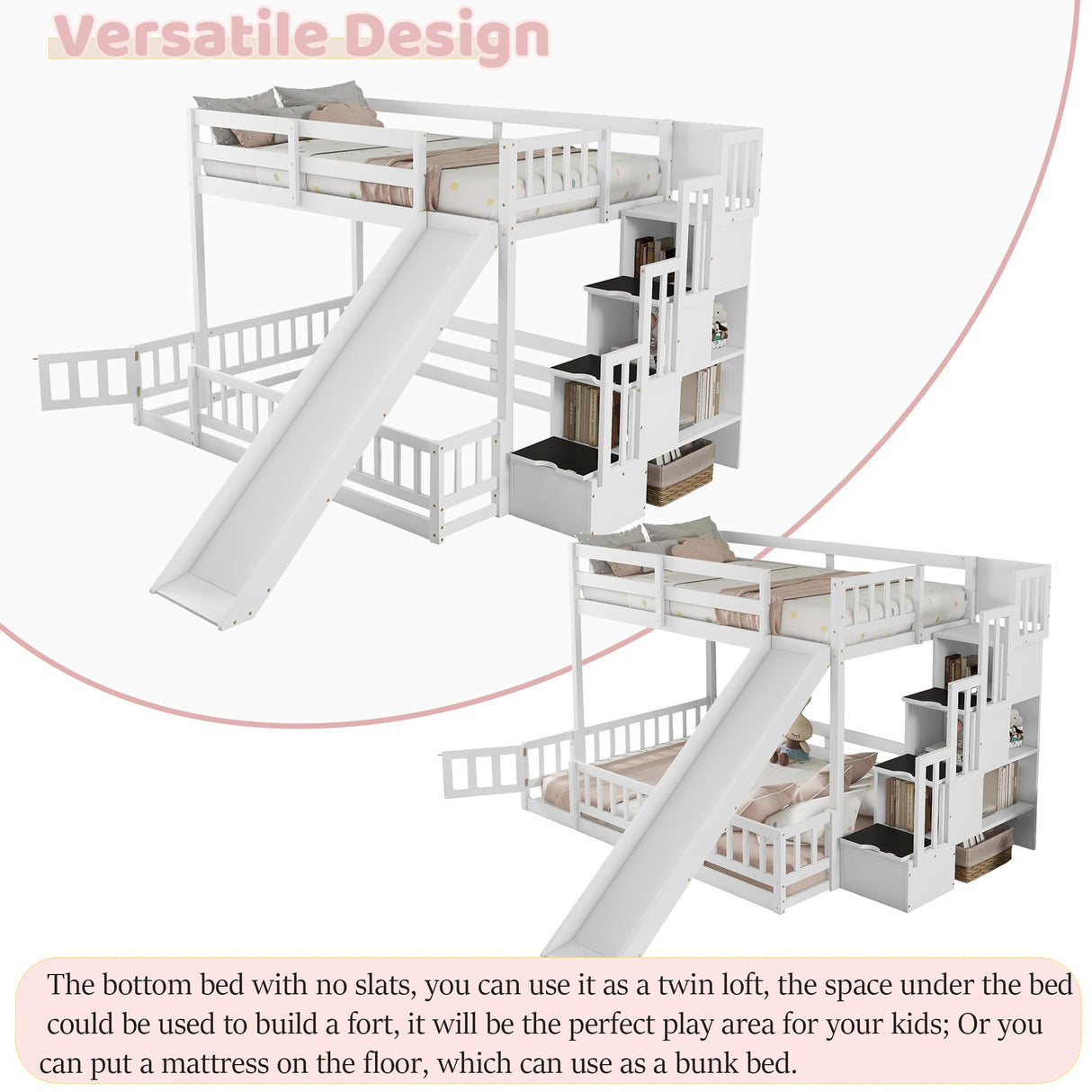 Duxelifin Twin Over Full Bunk Beds with Slide and Stairs, Floor Bunk Bed Frame with Rails, Convertible Wood Loft Bed with Storage Staircase for Kids Boys Girls, White Duxelifin