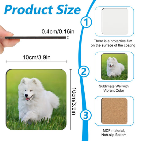 48 PCS Sublimation Coasters Blanks MDF Cork Back Heat Transfer Coasters Wood Hardboard Coasters Blank Sublimation Square Crafts Coaster Blanks Bulk for DIY Craft, 3.93x3.93 inch Guiqulai