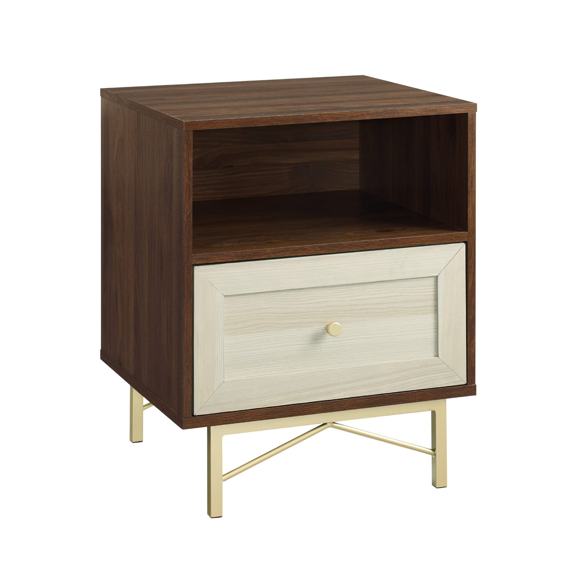 Walker Edison Morgan Contemporary Wood and Metal 1 Drawer Nightstand with Gold Accents, 25 Inch, Dark Walnut and White Poplar - WoodArtSupply