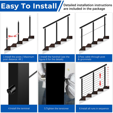 Zylorix 8ft-12ft Complete Set 36" Cable Railing System 33° Drilled, Black T304 Stainless Steel Angle Cable Railing Posts Kit with Adjustable Handrail Cable Rail for 25-35° Wood Concrete Stair Zylorix