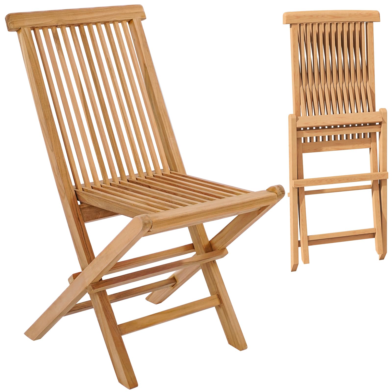 Tangkula 2 Piece Wood Patio Folding Chair, Sturdy Teak High-Back Chair with Slatted Design, Portable & Lightweight Outdoor Dining Chair, Natural Appearance, Perfect for Backyard, Camping - WoodArtSupply