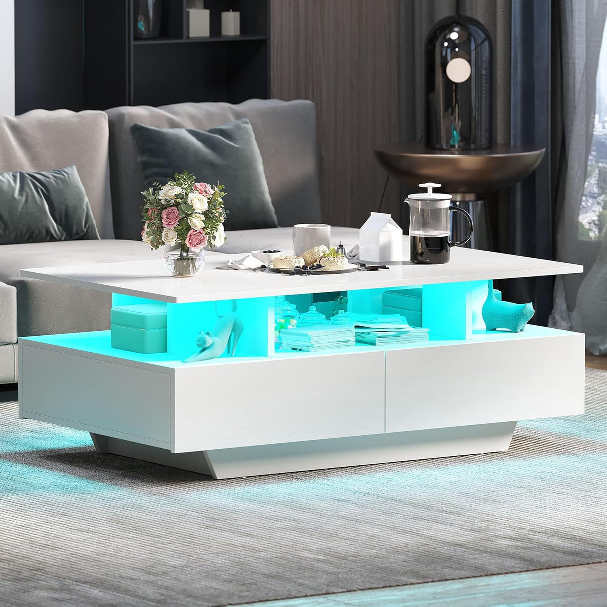 DWVO LED Coffee Table with Storage 4 Drawers, Modern High Glossy Coffee Tables for Living Room, White Rectangle Coffee Table Small Center Table with Open Display Shelf & Sliding Drawers, White DWVO