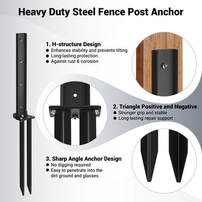 2 Pack Fence Post Anchor Kit, Heavy Duty Steel Fence Post Repair Stakes, Fence Post Anchor Ground Spike for Repairing Tilted Broken Wooden Fence