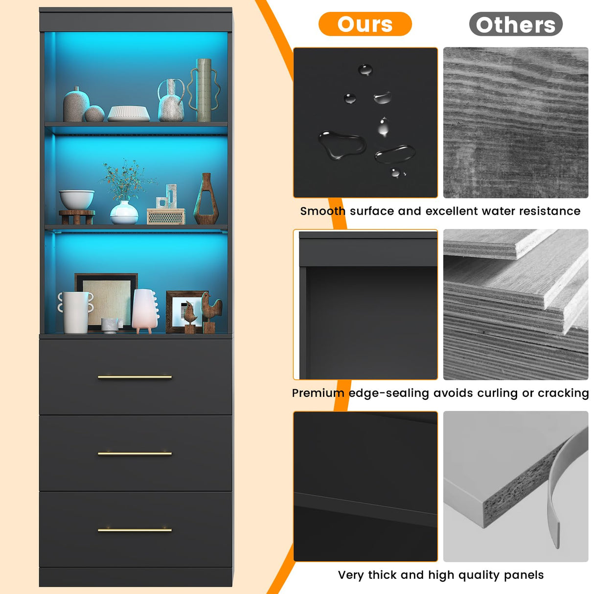 Winkalon 71“H Black Bookshelf with LED Light, Bookcase and Bookshelf with Drawers, Tall Bookcase Tall Storage Cabinet 3-Tier Open Shelves for Home Office Living Room Bedroom Winkalon