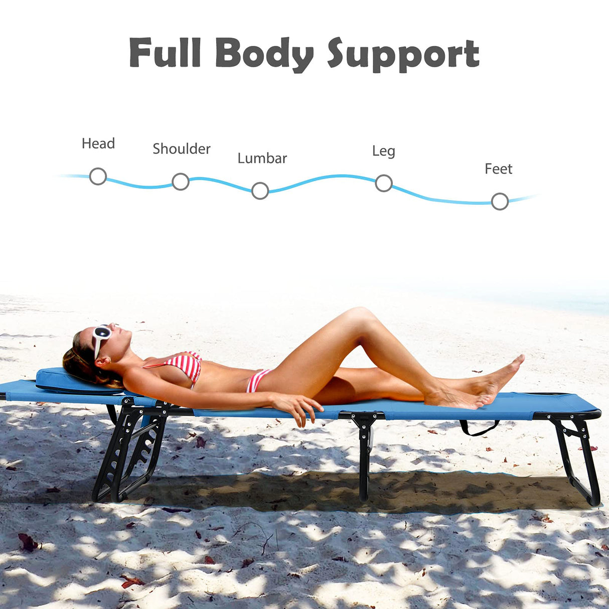 gotoplay Folding Beach Lounge Chair w/ 5 Adjutable Backrest & Padded Pillow, Sunbathing Lounger Chair, Sun Tanning Lay Flat Chair for Seaside Pool Deck, Max Load 330 LBS, No Assembly Required (Blue) gotoplay