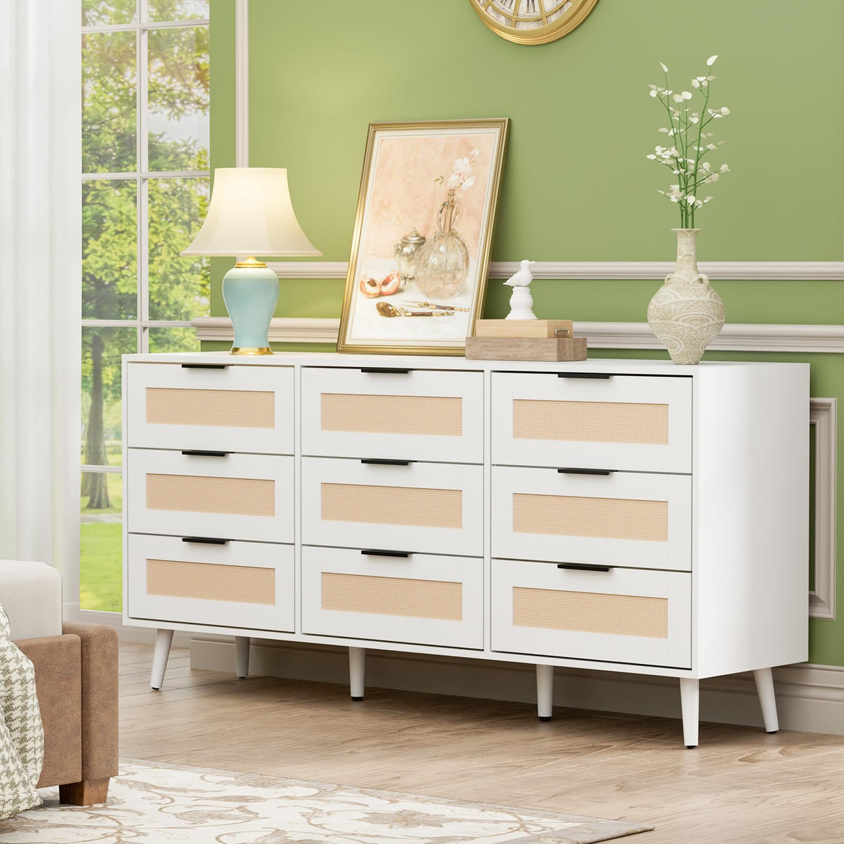 UEV Rattan 9 Drawer Triple Dresser for Bedroom,63" White Dresser TV Stand for TVs up to 75",Wide Chest of Drawers,Large Storage Long Dresser with Modern Rattan Drawers for Living Room UEV