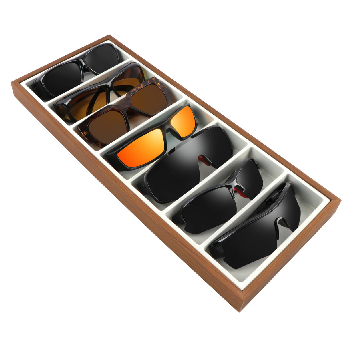 Homeanda Wooden Sunglasses Organizer Tray, Eyeglasses Display Case, Sun Glasses Storage Box, Eyewear Jewelry Tray, Wood Frame Glasses Holder (7 Grids) Homeanda