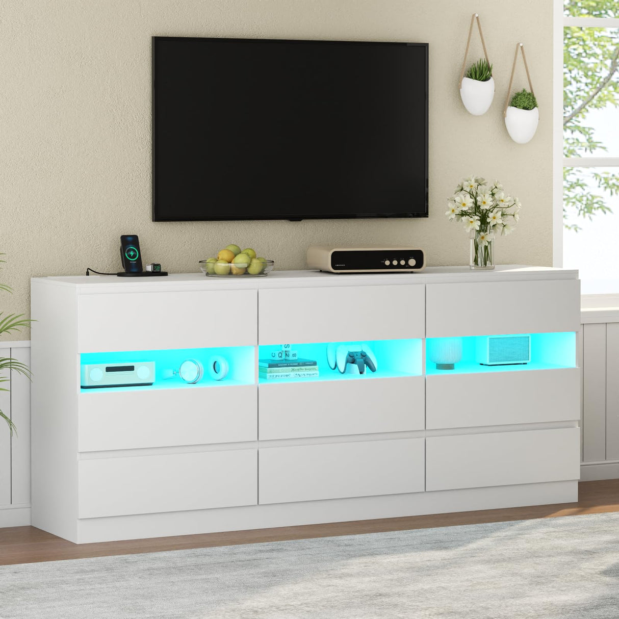 Loomie 9 Drawer Triple Dresser with Charging Station & Led Lights for Bedroom,Long 63" White Dresser TV Stand for TVs up to 75",Wide Large Drawer Dressers Organizer with 3 Open Cubbies for Hallway Loomie