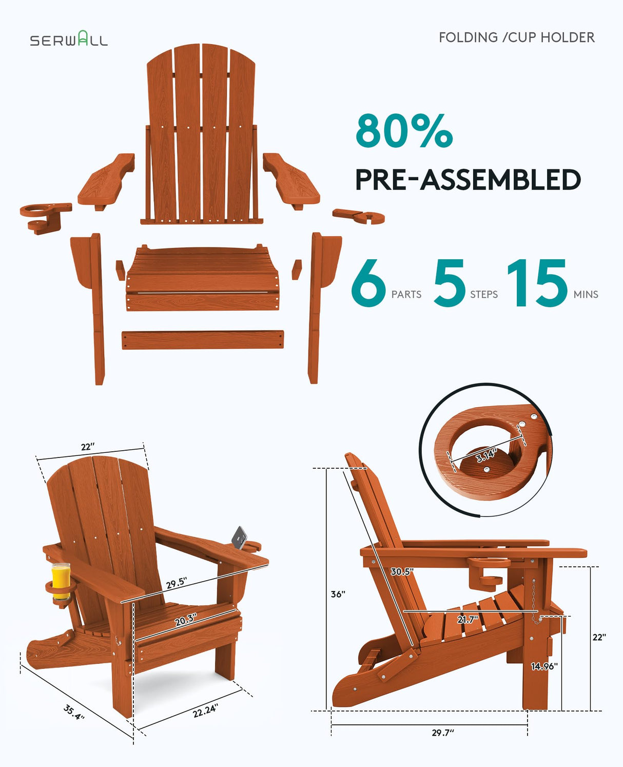 SERWALL Adirondack Chair with Cup Holders - Composite Adirondack Chairs HDPE Outdoor Chairs All Weather Use- Orange SERWALL