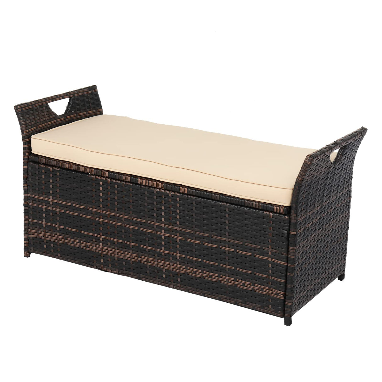 VINGLI 40 Gallon Wicker Storage Bench, Patio Cushion Storage Box Designed with Side Handles, Rattan Deck Box for Garden Tools, Cushions, Outdoor Patio Deck Box for Garden, Poolside, Brown VINGLI