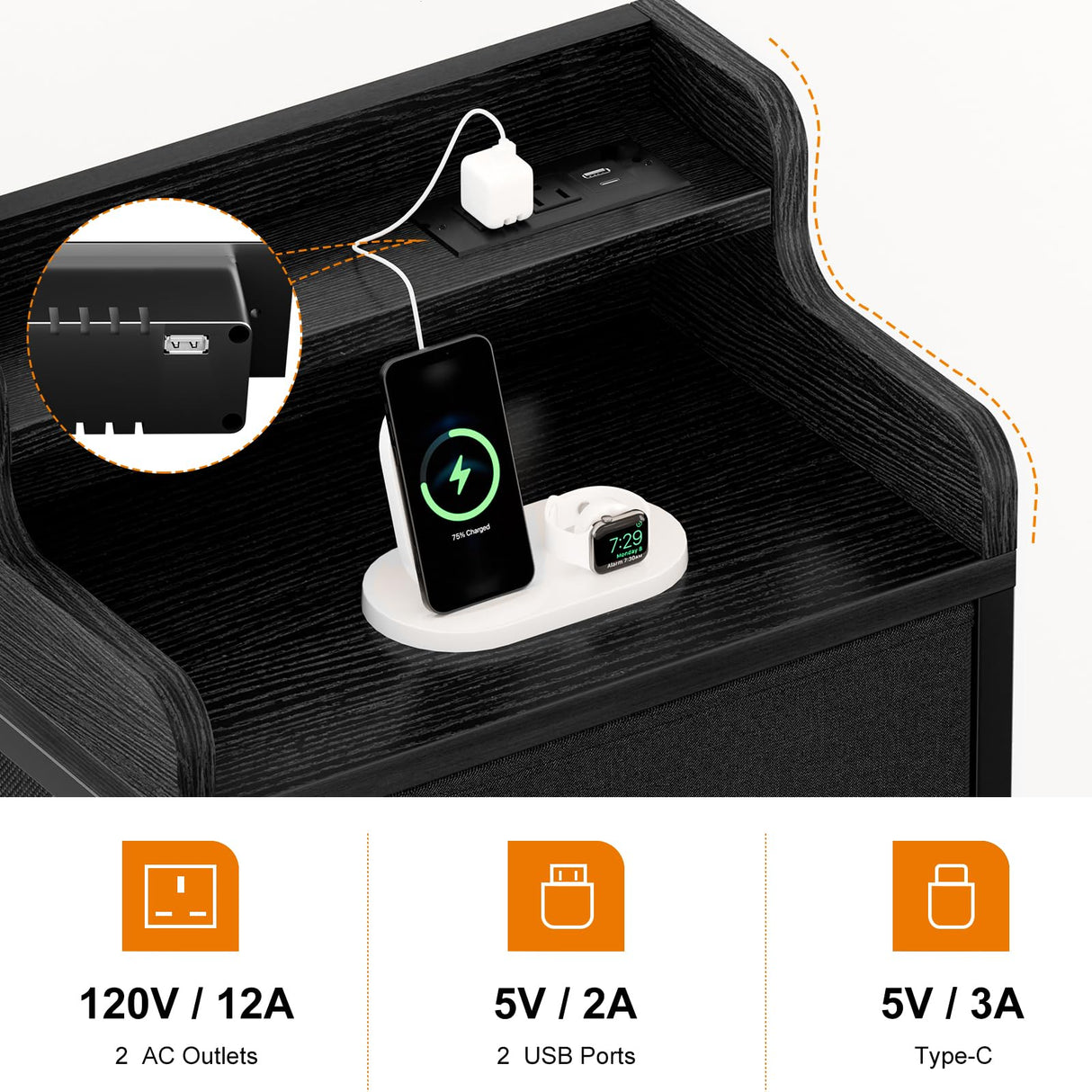 REAHOME Dresser for Bedroom with Charging Station and LED Lights, 6 Drawers Dresser Black Chest of Drawers with Shelves, Tall Night Stand with Sturdy Steel Frame & Wood Top for Bedroom - Black Grey REAHOME