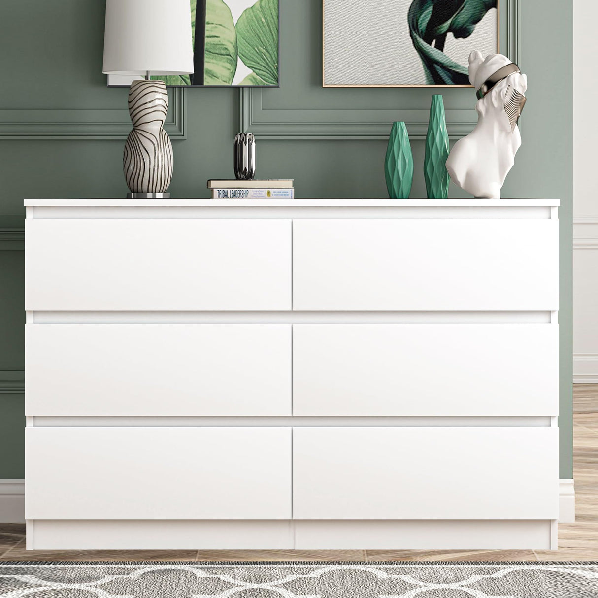 Vibe & Dine White Dresser 6 Drawer, Modern Double Dresser for Bedroom, Wood Chest of Drawers with Wide Storage for Living Room Vibe & Dine