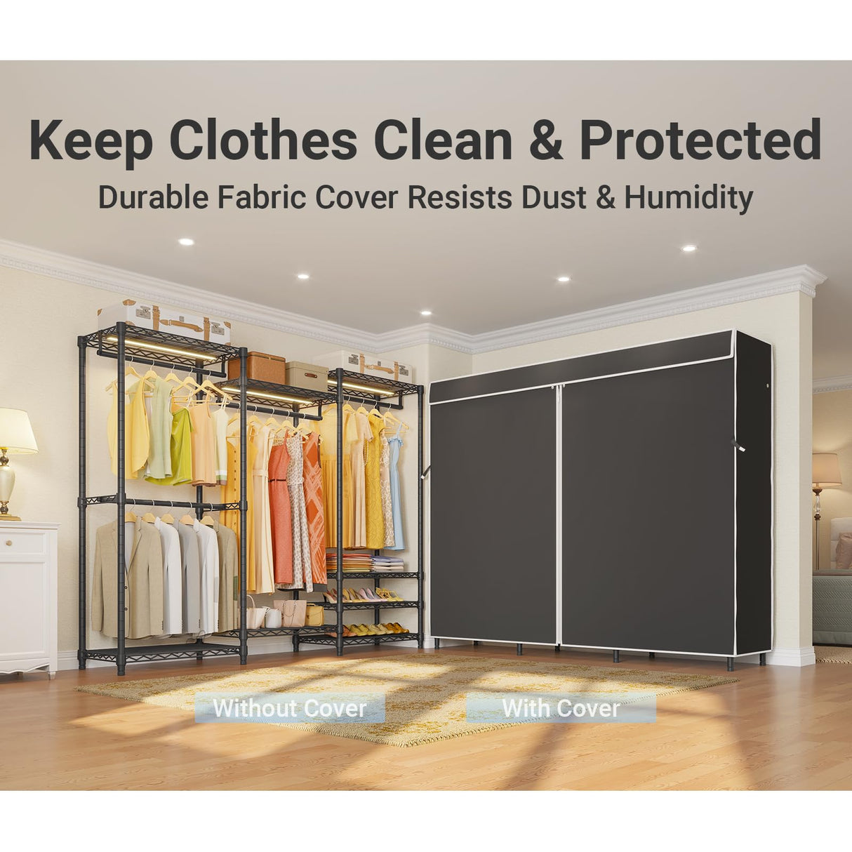 VIPEK V5LC Garment Rack Heavy Duty Covered Clothes Racks with Dimmable LED Light 3000K Warm White, Portable Closet Wardrobe Freestanding Clothing Racks for Hanging Clothes, Black Rack with Black Cover VIPEK