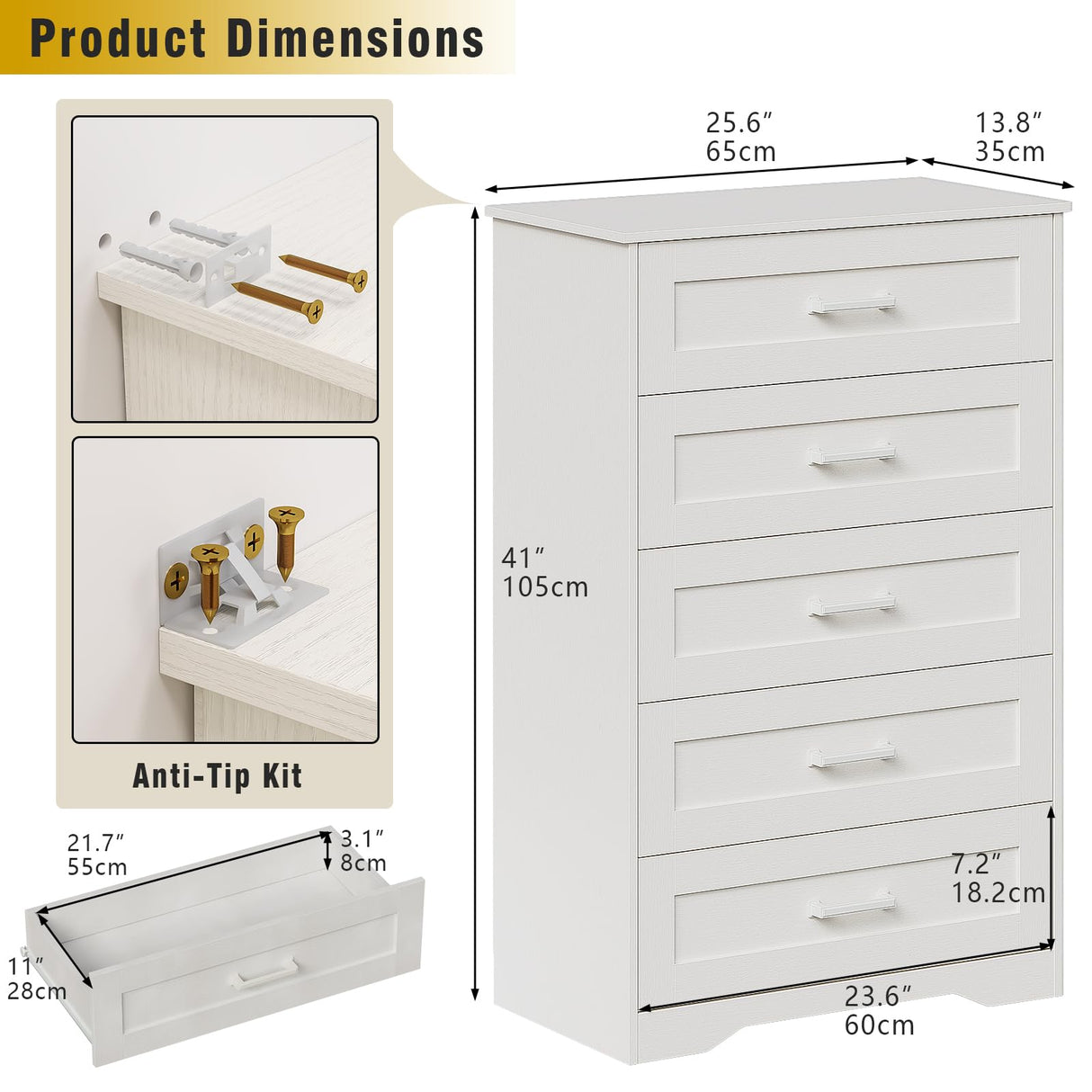 Welfuturer White 5 Drawer Wood Dresser for Bedroom Modern Wooden Chest of Drawers Storage Cabinet and Organizer Drawers for Closet, Nursery, Entryway, Girls Room, Kids Room, Hallway, Living Room Welfuturer