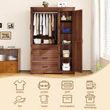 3 Door Armoire Wardrobe Closet Cabinet with 3 Drawers and Drawers, Farmhouse Bedroom Armoire with Hanging Rod and Adjustable Shelves, Large Capacity Storage Wardrobe Armoire for Bedroom, Brown DalyLuxa