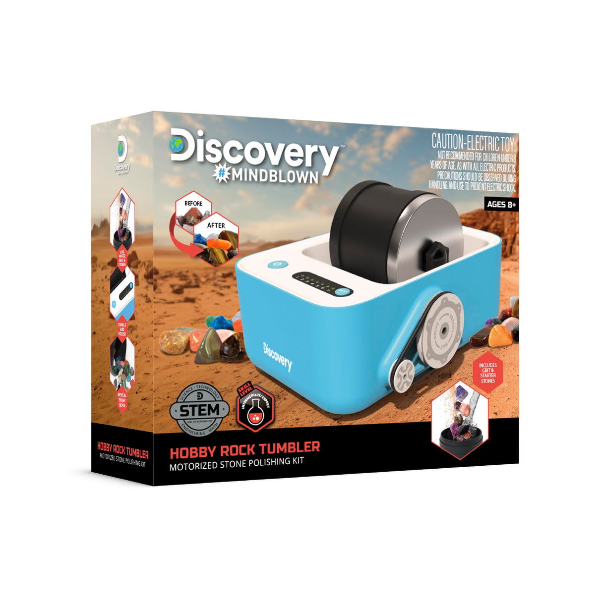 Discovery™ #MINDBLOWN Rock Tumbler Deluxe Set – Stone Polishing Kit with Rocks, 4 Grits, Gem Case| STEM Science Project Kit for Kids & Beginners| Fun Craft Kit Gift| Cool Toy for Boys & Girls Ages 8+ Discovery Kids