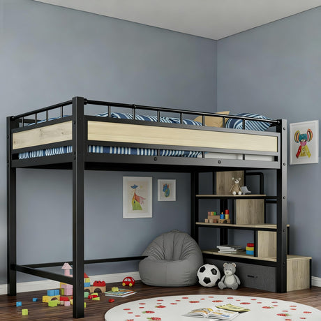 SogesGame Loft Bed with Stairs, Twin Loft Bed with Storage Drawers, Loft Bed for Kids and Teens, Space-Saving Heavy-Duty Bed Frame, No Box Spring Needed, Easy Assembly, Black SogesGame