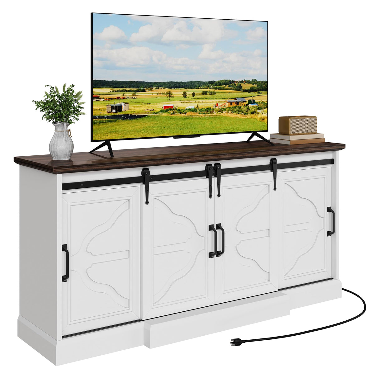 DWVO 63'' Buffet Storage Cabinet, 32'' Tall Farmhouse Sideboard Cabinet with Power Outlets and Sliding Doors, Large Coffee Bar Cabinets for Kitchen, Living Room, White/Brown DWVO