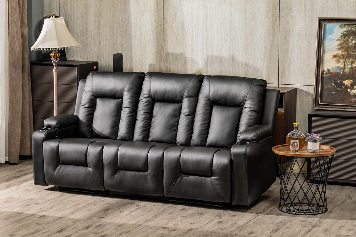 COMHOMA Recliner Chair Set, Furniture 3PC Bonded Leather Recliner Set Living Room Set, Sofa, Recline Chair (Black,Living Room Set 3) COMHOMA