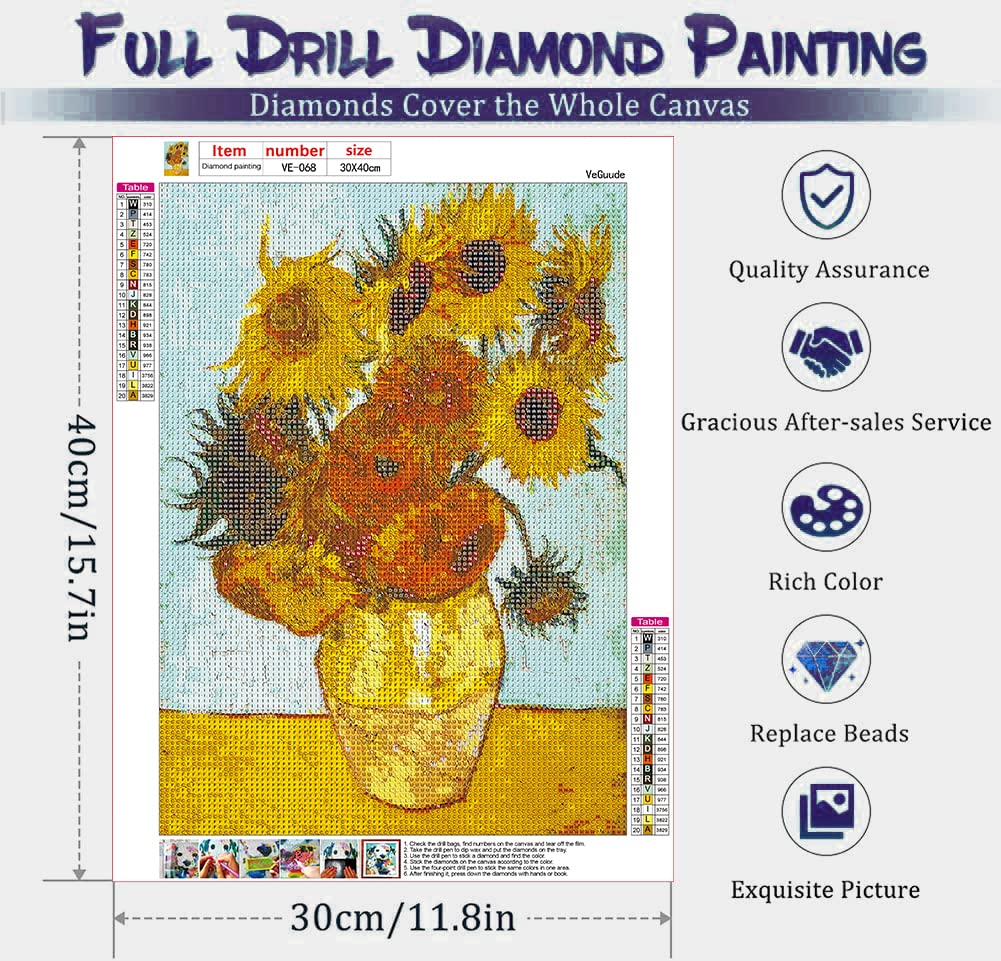 VeGuude Diamond Painting Kits for Adults, 6 Pack Van Gogh Starry Night Diamond Art Kits, 5D Full Drill DIY Crafts for Adults Home Wall Decor Sunflower Irises Café Terrace at Night [12x16in] VeGuude